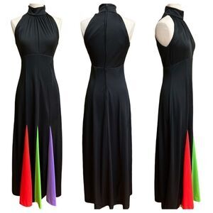Rare True Vintage 1970s Peekaboo Pleated Rainbow Halter Mock Neck Disco Dress